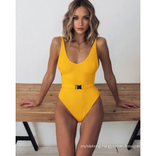 New One-Piece Solid Color Belt Buckle All-in-One Swimsuit
